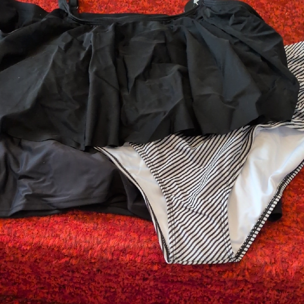 Black Ruffled Bikini Top with Striped Bottom